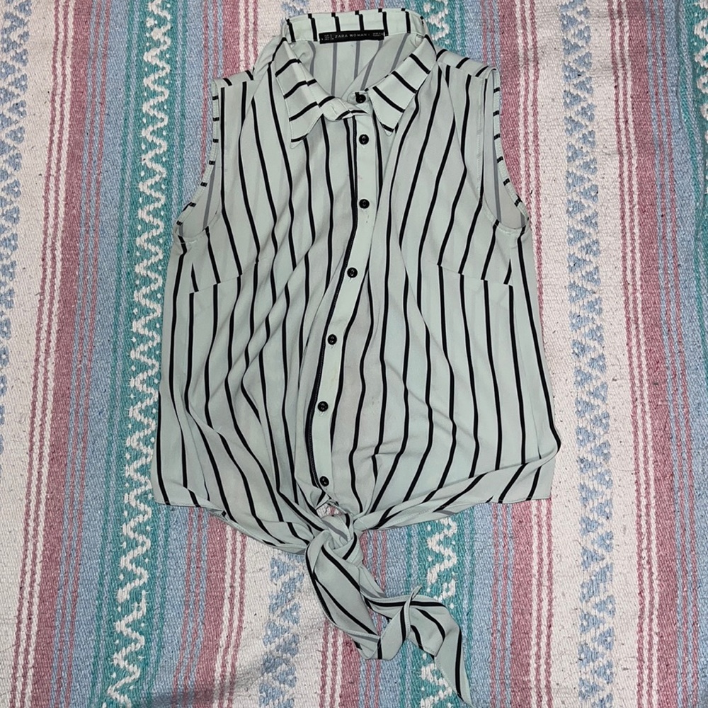 Zara white sleeveless striped button-down blouse with open back